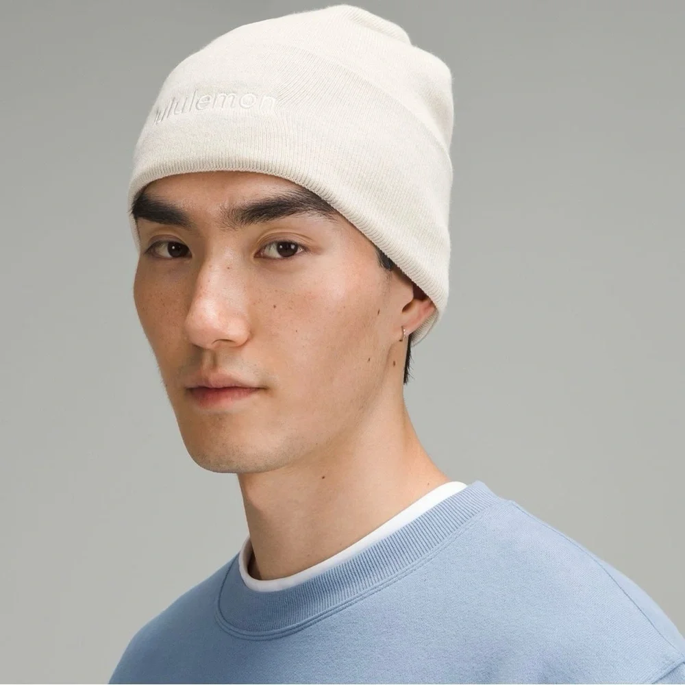 Lululemon Warm Revelation Beanie Winter Hat Wordmark Logo Heathered Bone NWT